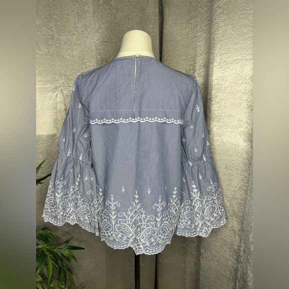 J.Crew Women’s Stripe Print Embroidered 3/4 Bell Sleeves Poplin Blouse Sz S - Picture 9 of 13